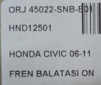 Oto Çıkma Parça / Honda / Civic / Fren / Fren Balatası / Sıfır Parça 