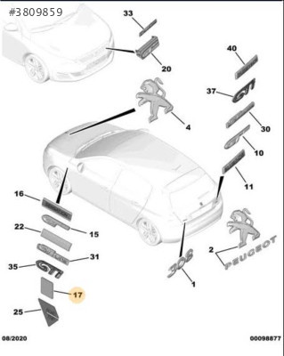 Peugeot 308 sağ ön çamurluk yapışkan dekoru Orjinal  98302819zd